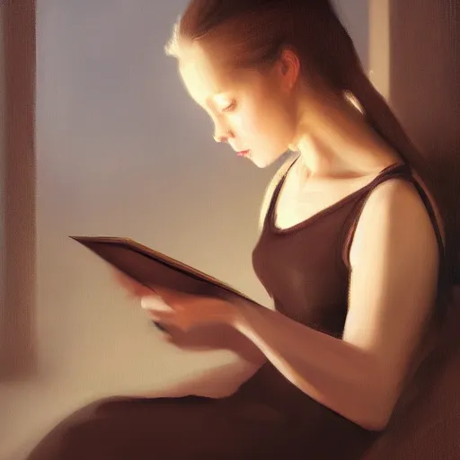 Image similar to a girl reading an e-book, night, portrait, by wlop