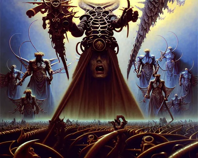 Prompt: the army of darkness and angels, fantasy character portrait made of fractals facing each other, ultra realistic, wide angle, intricate details, the fifth element artifacts, highly detailed by peter mohrbacher, hajime sorayama, wayne barlowe, boris vallejo, aaron horkey, gaston bussiere, craig mullins