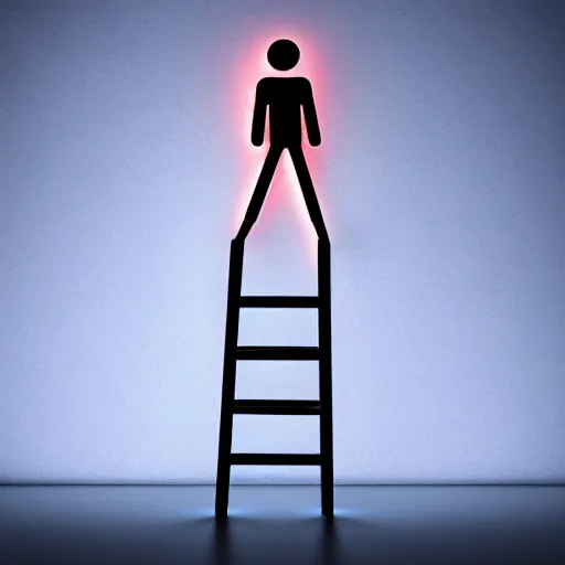 Image similar to a glowing android, standing on a ladder, replacing a defective lightbulb. dark room.