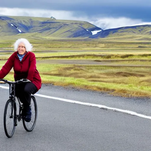 Image similar to A 60-year-old woman in warm clothes traveling by bicycle on the roads of Iceland. The bicycle has saddlebags.