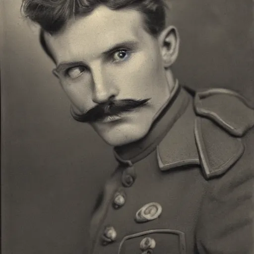 Image similar to late 1 9 th century, austro - hungarian!!! soldier ( handsome, 2 7 years old, redhead michał zebrowski with a small mustache ). old, sepia tones, detailed, hyperrealistic, 1 9 th century portait by yousuf karsh