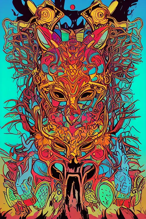 Image similar to animal mask totem roots flower tribal feather gemstone plant wood rock shaman vodoo video game vector cutout illustration vivid multicolor borderlands comics by josan gonzales and dan mumford radiating a glowing aura