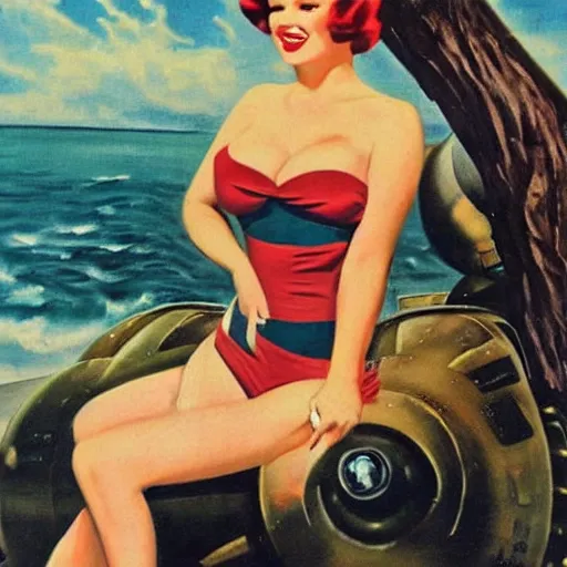 Image similar to Vintage pinup painting!!!! on b-25 bomber!!! of Christina Hendricks wearing 1940's swimsuit. Vintage color photograph, WWII, aircraft nose art!!!!!