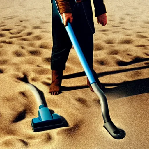 Image similar to anakin skywalker vacuuming the beach for sand, 4k, photorealistic,