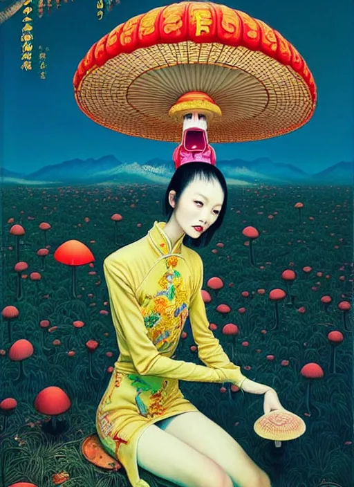 Image similar to pretty chinese model with hallucination mushroom : : by martine johanna and simon stalenhag and chie yoshii and casey weldon and wlop : : ornate, dynamic, particulate, rich colors, intricate, elegant, highly detailed, vogue, harper's bazaar art, fashion magazine, smooth, sharp focus,