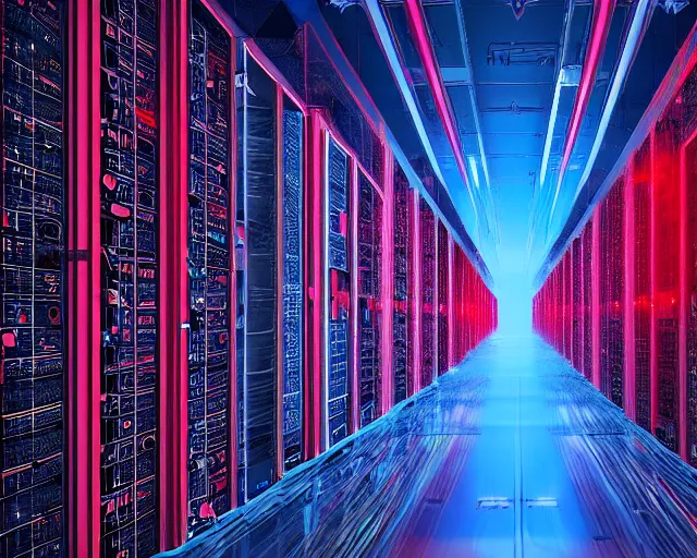 Image similar to datacenter with server in the middle, red laser grid, deep view, heavy blue led lights, wires connected, award winning, extremely detailed, artstation, 8 k, incredible art