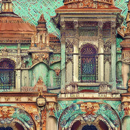 Prompt: an elaborate architecture along a river. mixed media collage, victorian baroque embroidery rich fabric textures, shiny pastel tones. matte background. HD 8x
