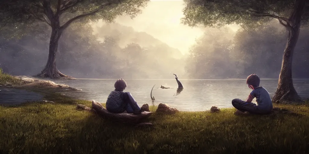 Image similar to a big silver dragon and a boy sitting next to lake in forest, many fireflys, at night, concept art, dof, cryengine, digital art, detailed background, makoto shinkai