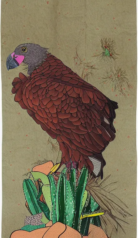 Prompt: wide shot of turkey vulture sitting on cactus by Shen Quan, hanging scroll, ink and colours on silk