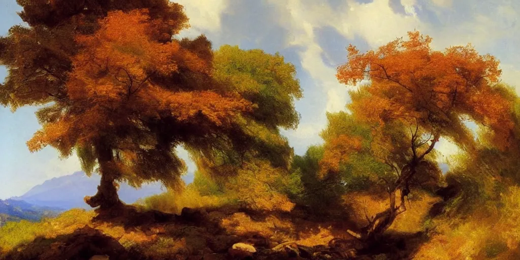 Image similar to lone maple tree growing in grand cayon, thomas moran, oil painting, highly detailed, masterpiece