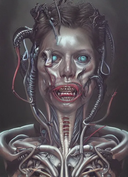 Image similar to a hyper detailed face portrait of ellen ripley transforming into xenomorph, by tom bagshaw, by zdzisław beksinski, trending on artstation