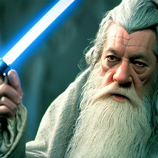 Prompt: still from the movie star wars episode iv with gandalf starring, highly detailed, extremely high quality, hd, 4 k, 8 k, canon 3 0 0 mm, professional photographer, 4 0 mp, lifelike, top - rated, award winning, realistic, detailed lighting, detailed shadows, sharp, no blur, edited, corrected, trending