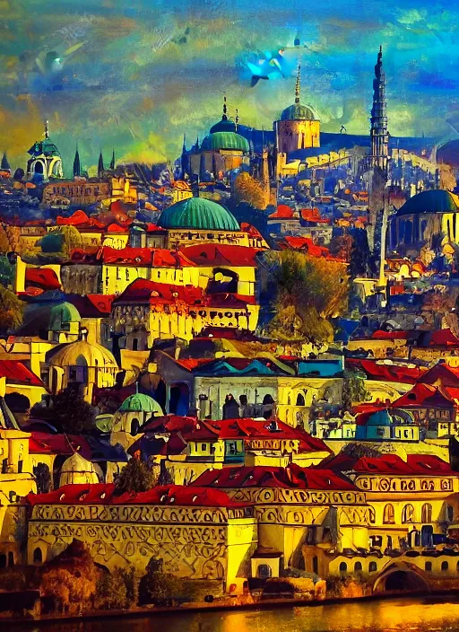 Image similar to painting of beautiful shot of Royal medieval Middle Eastern city like Prague mixed with Istanbul like Islamic architecture with greenery all around , autumn colors