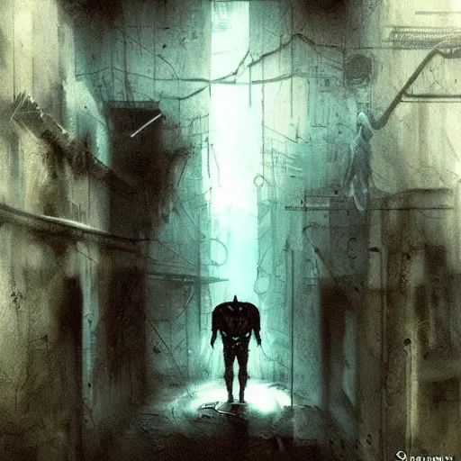 Prompt: a strange entity creature lurks in the shadows of an alleyway. digital art by samuel araya. chronicles of darkness art. god machine chronicle art.