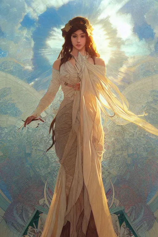 Image similar to the reign of a new princess in the shadow of a thousand suns, detailed digital portrait by artgerm and greg rutkowski and alphonse mucha