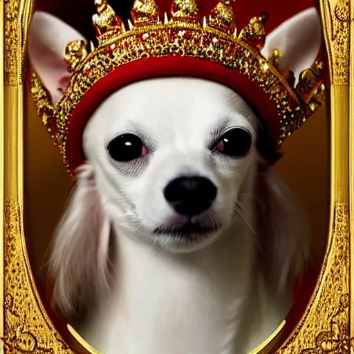 Image similar to long hair white chihuahua king wearing a red and gold crown cinematic composition, digital art, cute