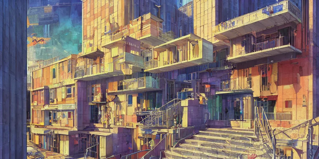 Image similar to neo brutralism, concrete housing, a long stairway going up, concept art, colorful, vivid colors, sunshine, light, shadows, reflections, oilpainting, cinematic, 3D, in the style of Akihiko Yoshida and Edward Hopper