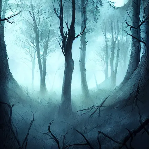 Prompt: a dark ominous forest, dead trees, moonlit, a ethereal ghost approaching, spooky digital artwork by Artgerm, trending on artstation