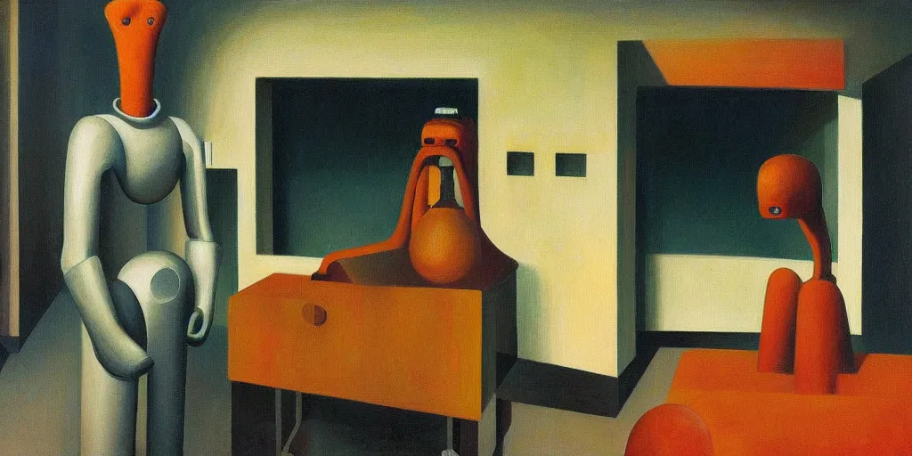 Image similar to super - intelligent robot with kind eyes portrait, grant wood, pj crook, edward hopper, oil on canvas