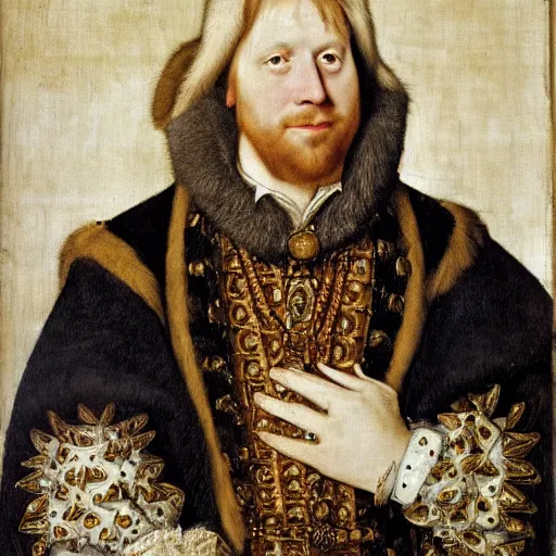 Image similar to A royal portrait of the King of England Boris Johnson, painted by Hans Holbein, British Museum, 16th century art