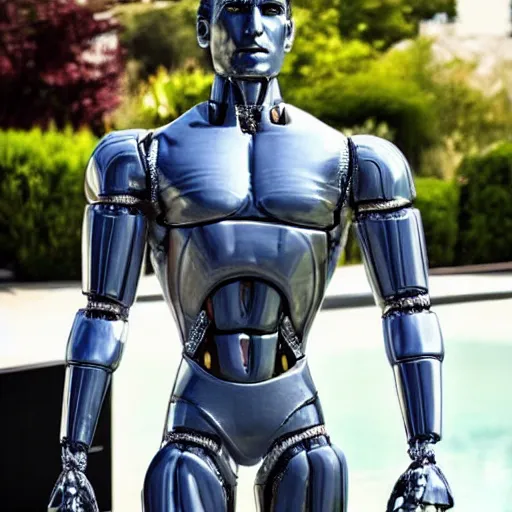 Image similar to a realistic detailed photo of a guy who is an attractive humanoid who is half robot and half humanoid, who is a male android, wrestler zack ryder, shiny skin, posing like a statue, blank stare, by the pool, on display, showing off his muscles, humanoid robot, frozen ice statue