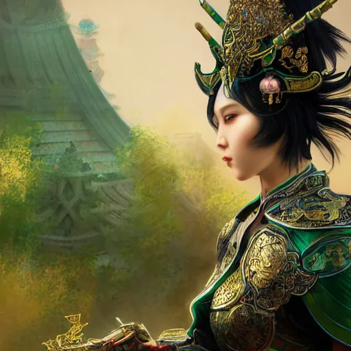 Image similar to portrait black hair young knights of Dynasty Warriors girl, metallic green armor, in ruin fire chinese palace sunrise, ssci-fi and fantasy, intricate and very beautiful and elegant, highly detailed, digital painting, soft light, artstation, concept art, smooth and sharp focus, illustration, art by tian zi and WLOP and alphonse mucha