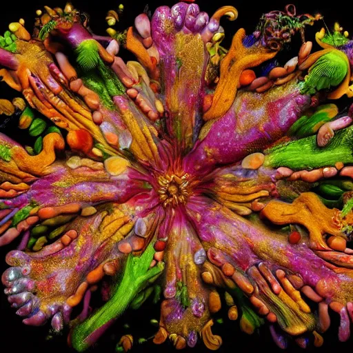 Image similar to disgusting disturbing colorful strange dutch golden age bizarre mutant flower floral still life with many human toes realistic human toes blossoming everywhere insects very detailed fungus tumor disturbing tendrils bizarre slimy forms sprouting up everywhere by rachel ruysch christian rex van minnen black background chiaroscuro dramatic lighting perfect composition masterpiece high definition 8 k 1 0 8 0 p