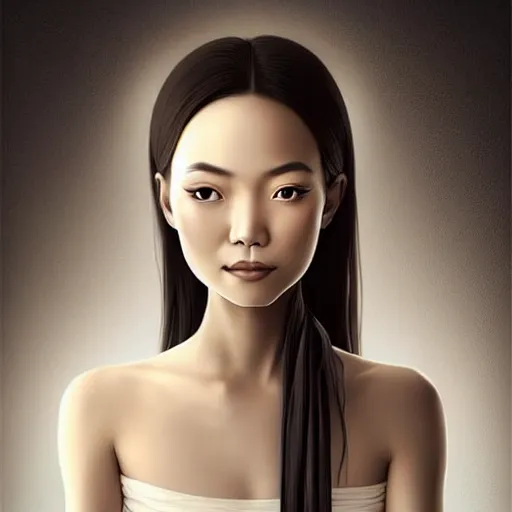 Image similar to beautiful portrait of an enthusiastic, dainty, slim, delighted vietnamese, ( waitress ) girl, stunning, intelligent, fashionable, vivid!!, sharp, crisp, ultra ambient occlusion, reflective, universal shadowing, fantasy art, extremely even lighting, art by wlop, vladimir kush!!, ilya, kevin hong!!, yasar vurdem