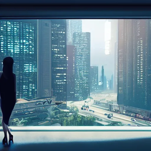 Image similar to a woman looking out her panoramic window at a futuristic cyberpunk los angeles. flying cars and vehicles