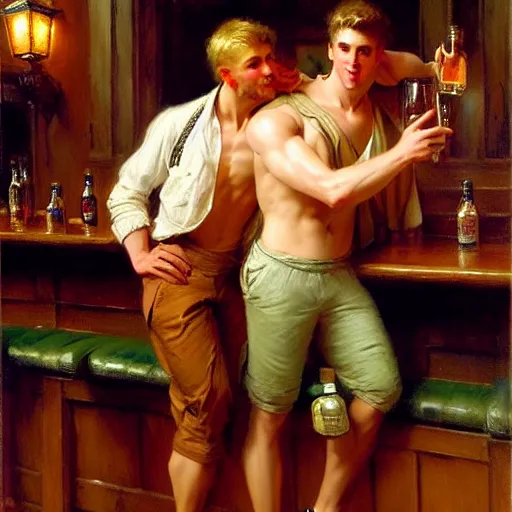 Prompt: attractive maculine male with brunet hair and attractive masculine male with blond hair. pants and shorts, drinking their hearts out, in a pub. highly detailed and very defined painting by gaston bussiere, j. c. leyendecker, craig mullins 8 k