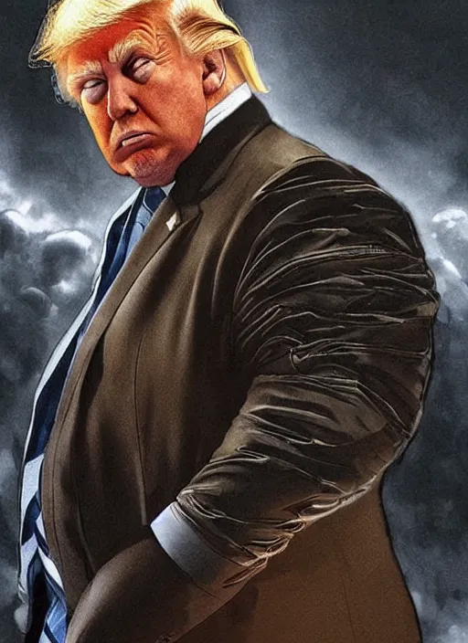 Image similar to Donald trump as Vladimir Harkonnen, photorealistic, dramatic lighting, background is dark cathedral, hyper realistic