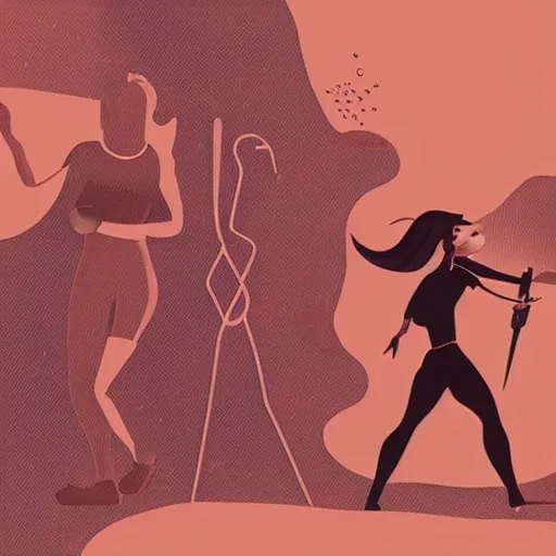 Prompt: smooth detailed vector cutout of retrofuture tattooed stoic heroic emotionless dirty butch blonde woman engineer with very short messy dirty hair, martian dust storm, walking with tall bronze - skinned black - haired hyper - muscular warrior woman, on mars, in dust storm, rough paper, sci fi, behance hd