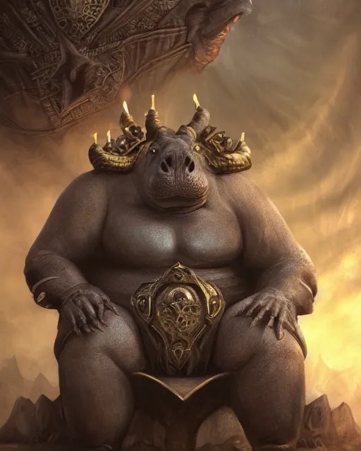 Image similar to Hippo, Anthropomorphized, as warlord general on skull throne, magic the gathering artwork, D&D, fantasy, cinematic lighting, centered, symmetrical, highly detailed, digital painting, artstation, concept art, smooth, sharp focus, illustration, volumetric lighting, epic Composition, 8k, art by Akihiko Yoshida and Greg Rutkowski and Craig Mullins, heroic pose, oil painting, cgsociety, Battlefield background, explosions, arrows