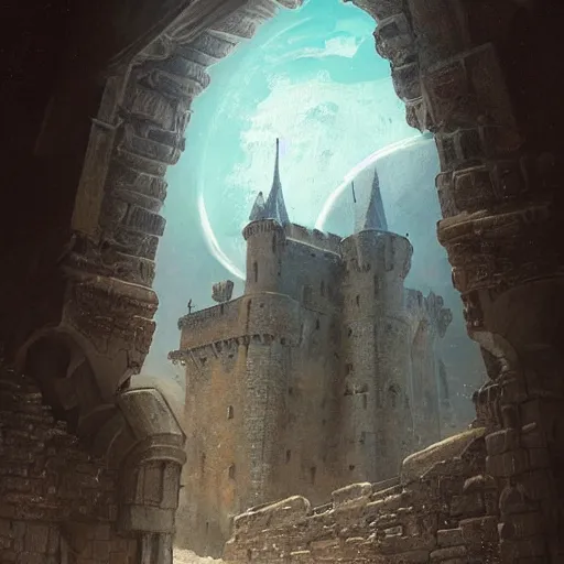 Image similar to hyperrealist portrait of a medieval castle on the Moon by Cedric Peyravernay, highly detailed, excellent composition, cinematic concept art, dramatic lighting