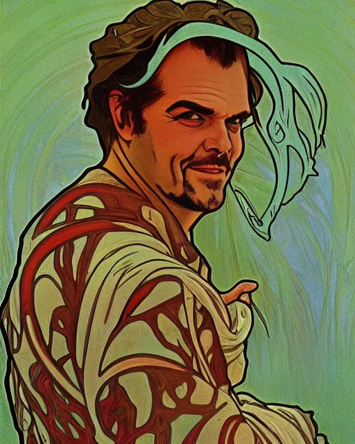 Image similar to a portrait painting of ( ( ( jack nicholson ) ) ) in the style of alphonse mucha!!!