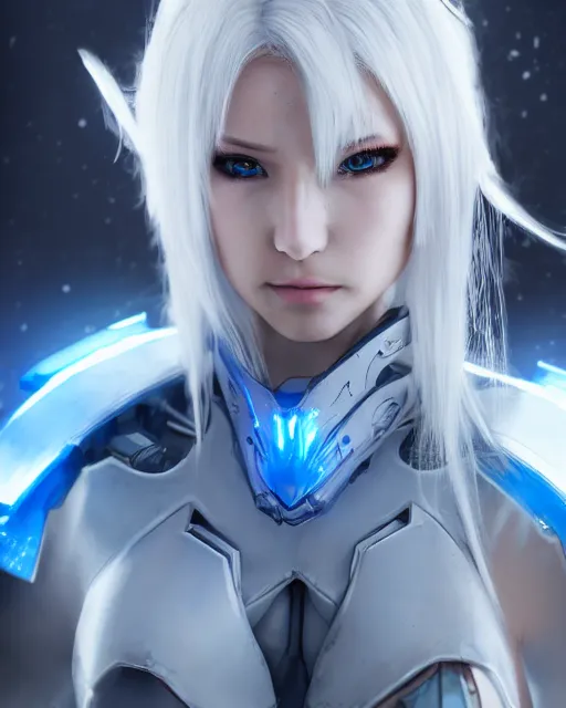 Image similar to perfect white haired girl, warframe armor, beautiful, dreamy, half asian, pretty face, blue eyes, detailed, windy weather, futuristic background, glow, scifi platform, laboratory, experiment, 4 k, ultra realistic, epic lighting, cinematic, high detail, masterpiece, akihito tsukushi