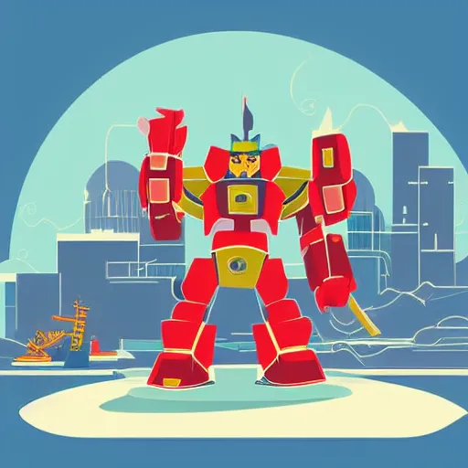 Prompt: giant samurai robot fighting a kaiju over tokyo city modern flat design style illustration with line elements