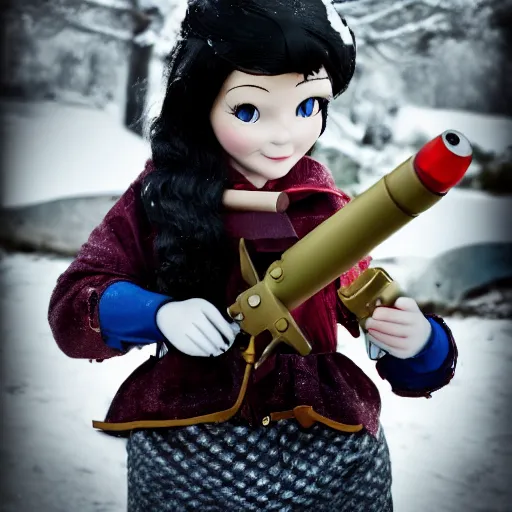 Prompt: snow - white holding a rocket launcher. portrait photography.