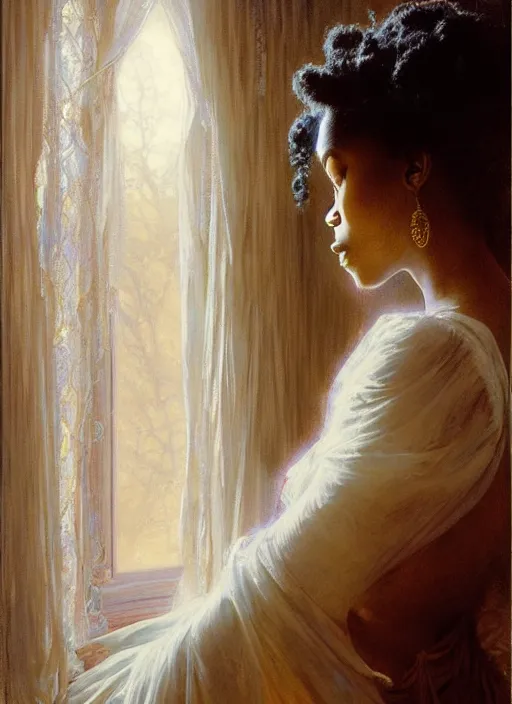 Image similar to a beautiful young black woman with long flowing hair in a flowing white gown in looking out a window through gauzy curtains, highly detailed painting by gaston bussiere, craig mullins, j. c. leyendecker 8 k