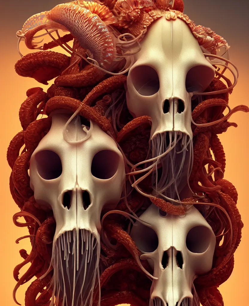 Image similar to goddess close-up portrait ram skull. jellyfish phoenix head, nautilus, orchid, ram skull, betta fish, bioluminiscent creatures, intricate artwork by Tooth Wu and wlop and beeple. octane render, trending on artstation, greg rutkowski very coherent symmetrical artwork. cinematic, hyper realism, high detail, octane render, 8k