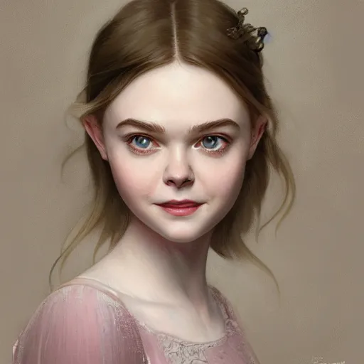 Image similar to portrait of Elle Fanning, looking at camera, D&D, intricate, elegant, stylish, cute smile, mouth slightly open, fantasy, extremely detailed, digital painting, artstation, concept art, smooth, sharp focus, illustration, stunning lighting, art by artgerm and greg rutkowski and alphonse mucha and simon stalenhag.