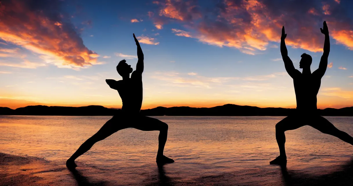 Image similar to wide range photo silhouette of a man doing yoga, at a beautiful sunset, highly detailed, colorful,