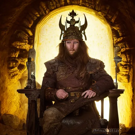 Image similar to the elder scrolls vi, charismatic rugged battle scarred regal human male jarl, portrait, exquisitely designed throne room, atmospheric lighting, painted, intricate, volumetric lighting, beautiful, daytime, sunny weather, slight overcast, sharp focus, deep colours, ultra detailed, by leesha hannigan, ross tran, thierry doizon, kai carpenter, ignacio fernandez rios