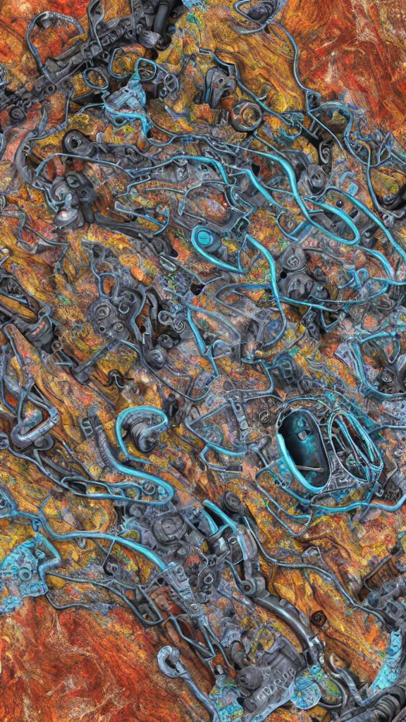 Prompt: 3D full color xray of the complex magical machine embedded within the mountain, colourful sedimentary and igneous rock and marble, rock textures industrial machinery, pistons, pipes and valves, wires, circuitry. 8k 3D geology