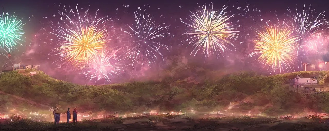 Image similar to four people watching fireworks go off in the night sky behind a prison on a hill, wide angle, hyperrealistic digital art, trending on art station, cinematic lighting, 4 k, illustrated by akira toriyama