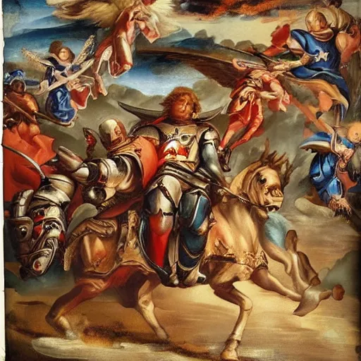 Prompt: paladins in plate armor riding into hell, fighting demons, with an angel with a sword flying over them, renaissance painting