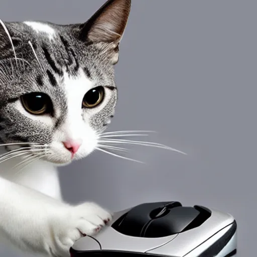 Image similar to robotic cat holding a computer mouse in his mouth