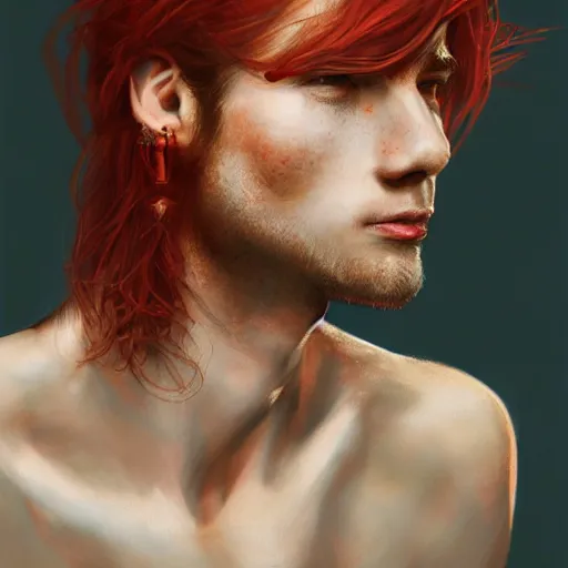 Image similar to portrait of a thin young man with long red hair, ponytail, a lot of freckles on his face, an earring, intricate, elegant, glowing lights, highly detailed, digital painting, artstation, concept art, smooth, sharp focus, illustration