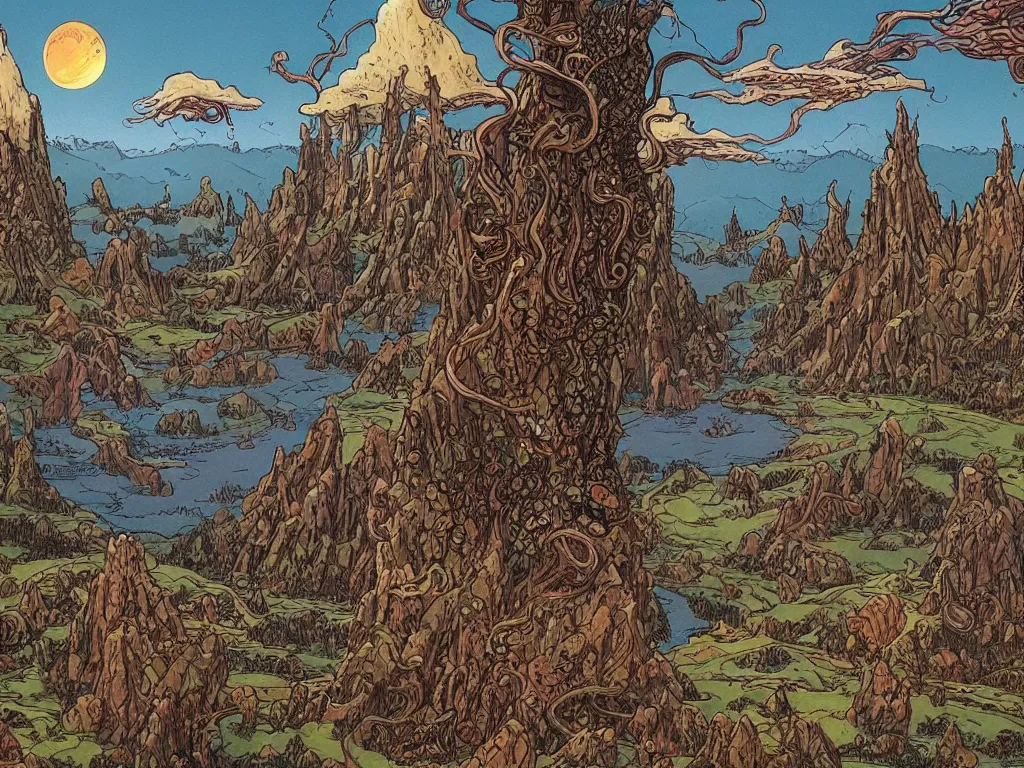 Prompt: fantasy landscape made by moebius with a 8 eyed humanoid god dealing cards over a medieval field