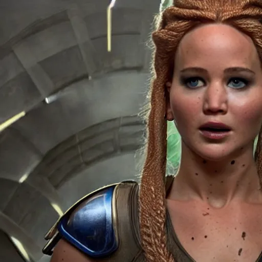 Prompt: promo shot of Jennifer Lawrence as Leelu in a remake of The Fifth Element (2029)